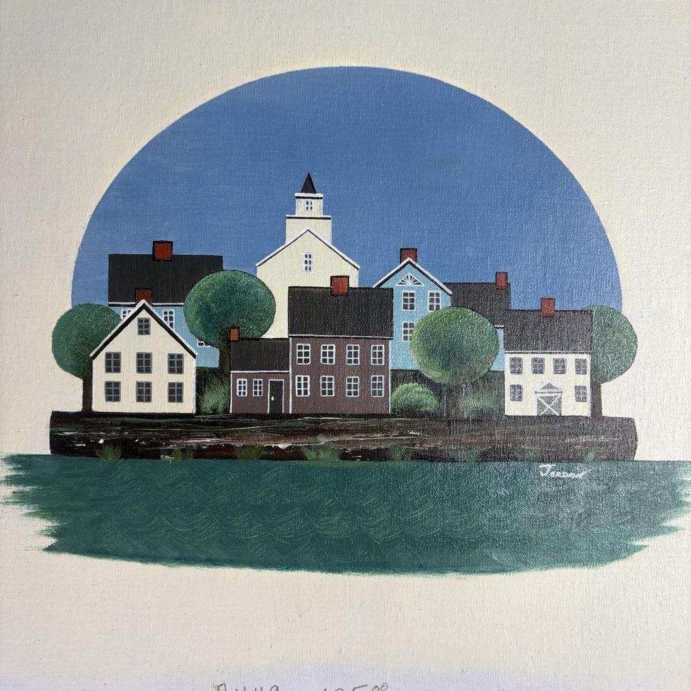 Folk Art Town‎ Scene Canvas Print Signed Jordan Americana Village 15x19